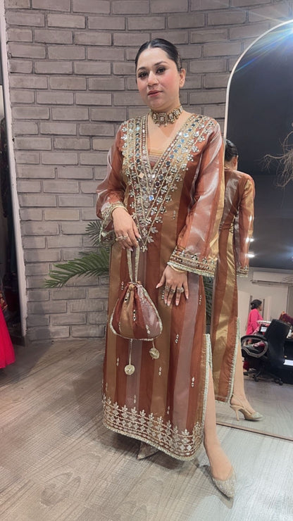 Sonam kapoor Coffee Gold Mirror Dress with Potli