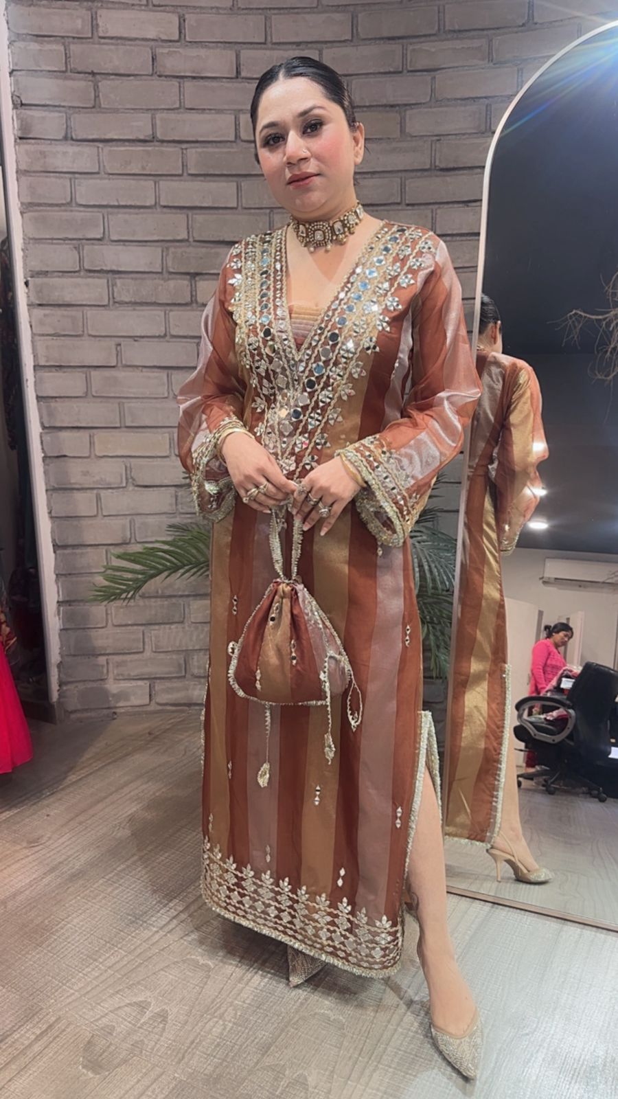 Sonam kapoor Coffee Gold Mirror Dress with Potli
