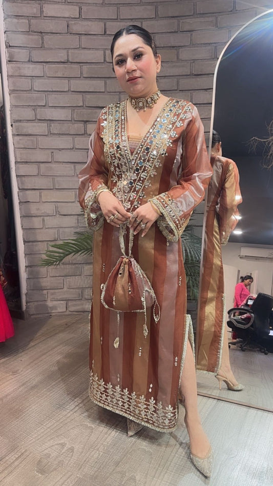 Sonam kapoor Coffee Gold Mirror Dress with Potli