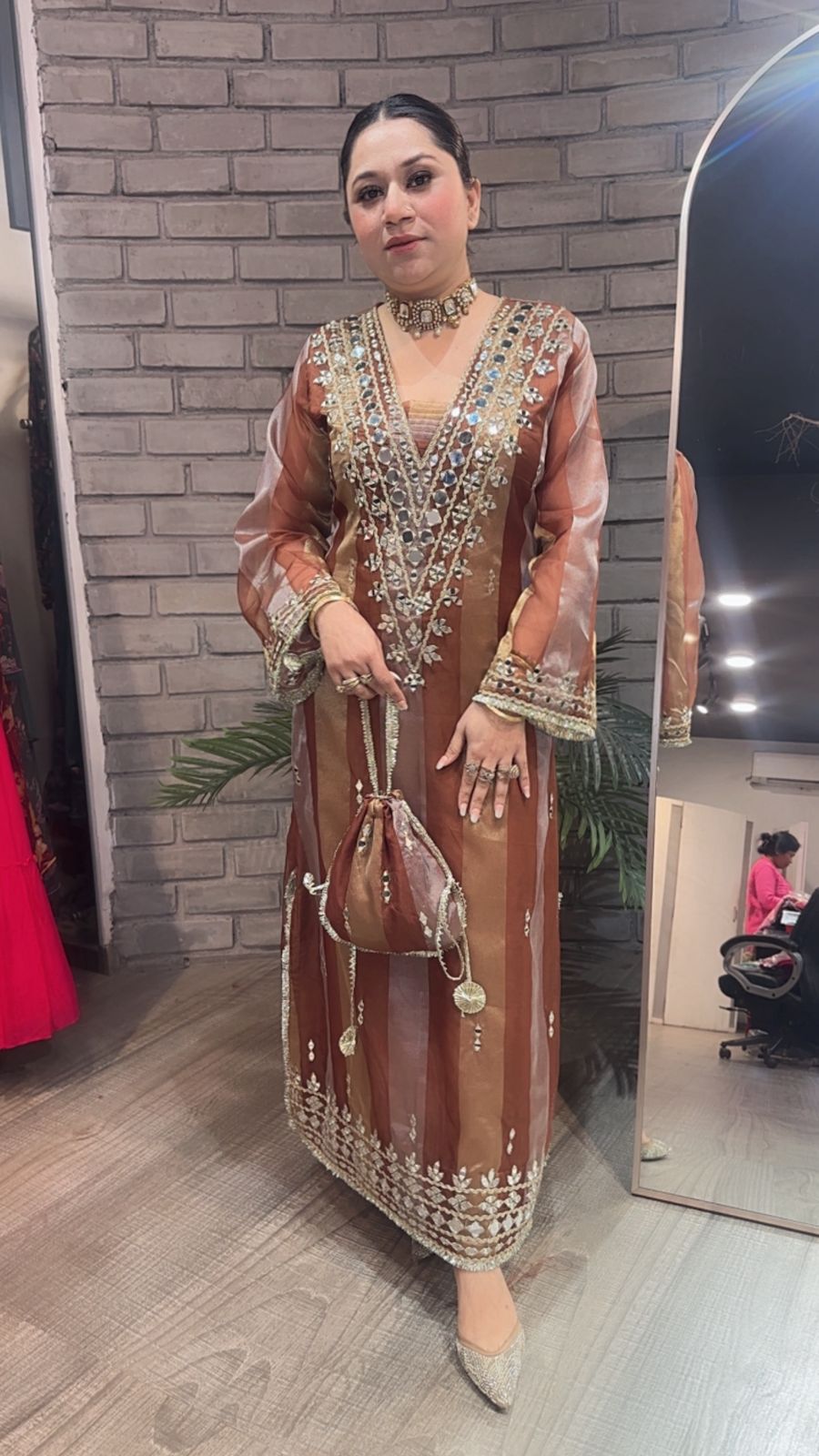 Sonam kapoor Coffee Gold Mirror Dress with Potli
