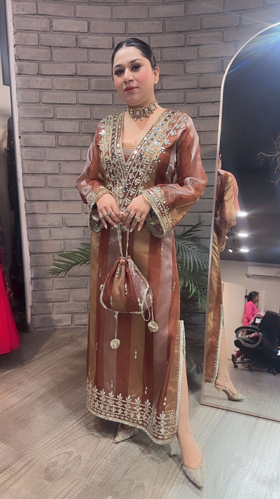 Sonam kapoor Coffee Gold Mirror Dress with Potli