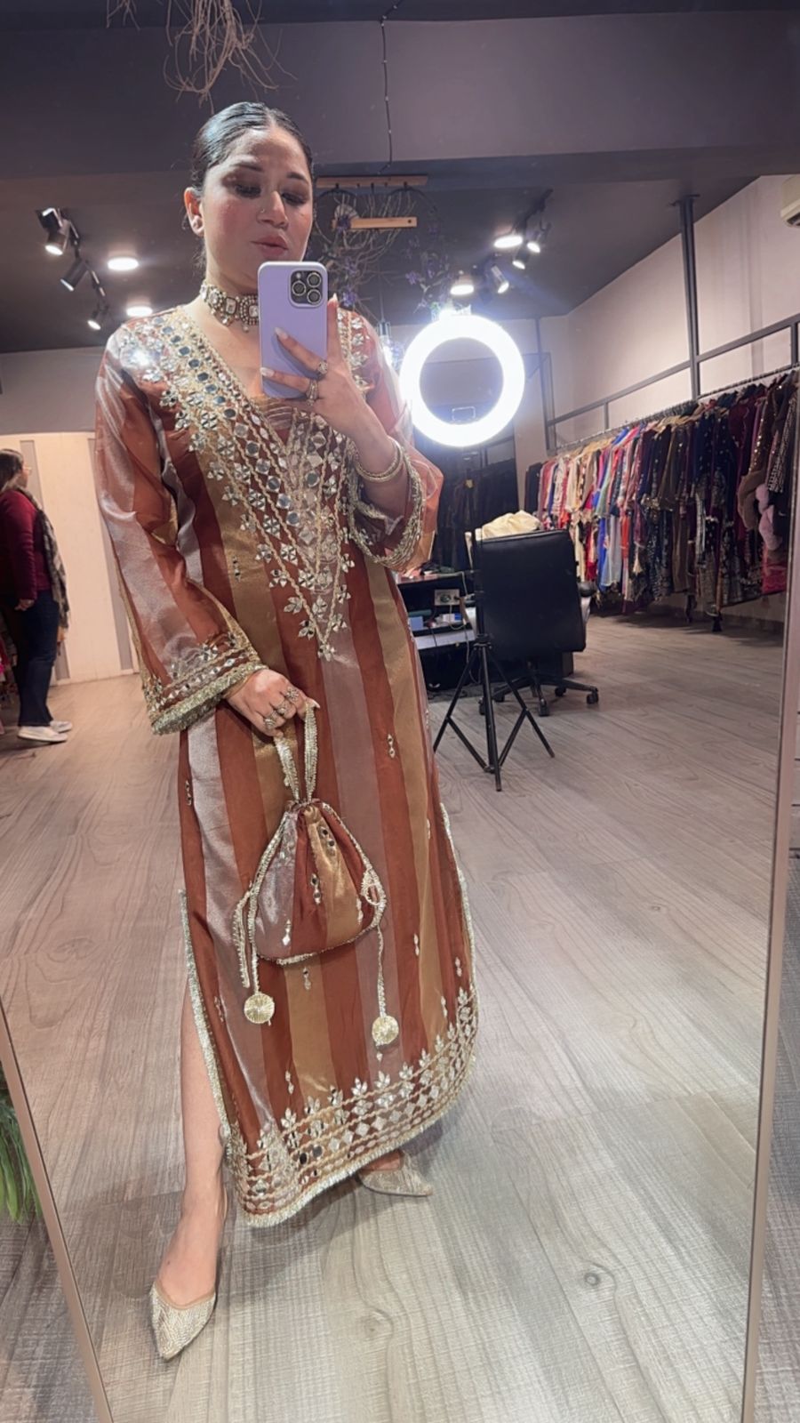 Sonam kapoor Coffee Gold Mirror Dress with Potli