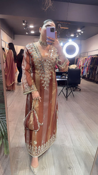 Sonam kapoor Coffee Gold Mirror Dress with Potli