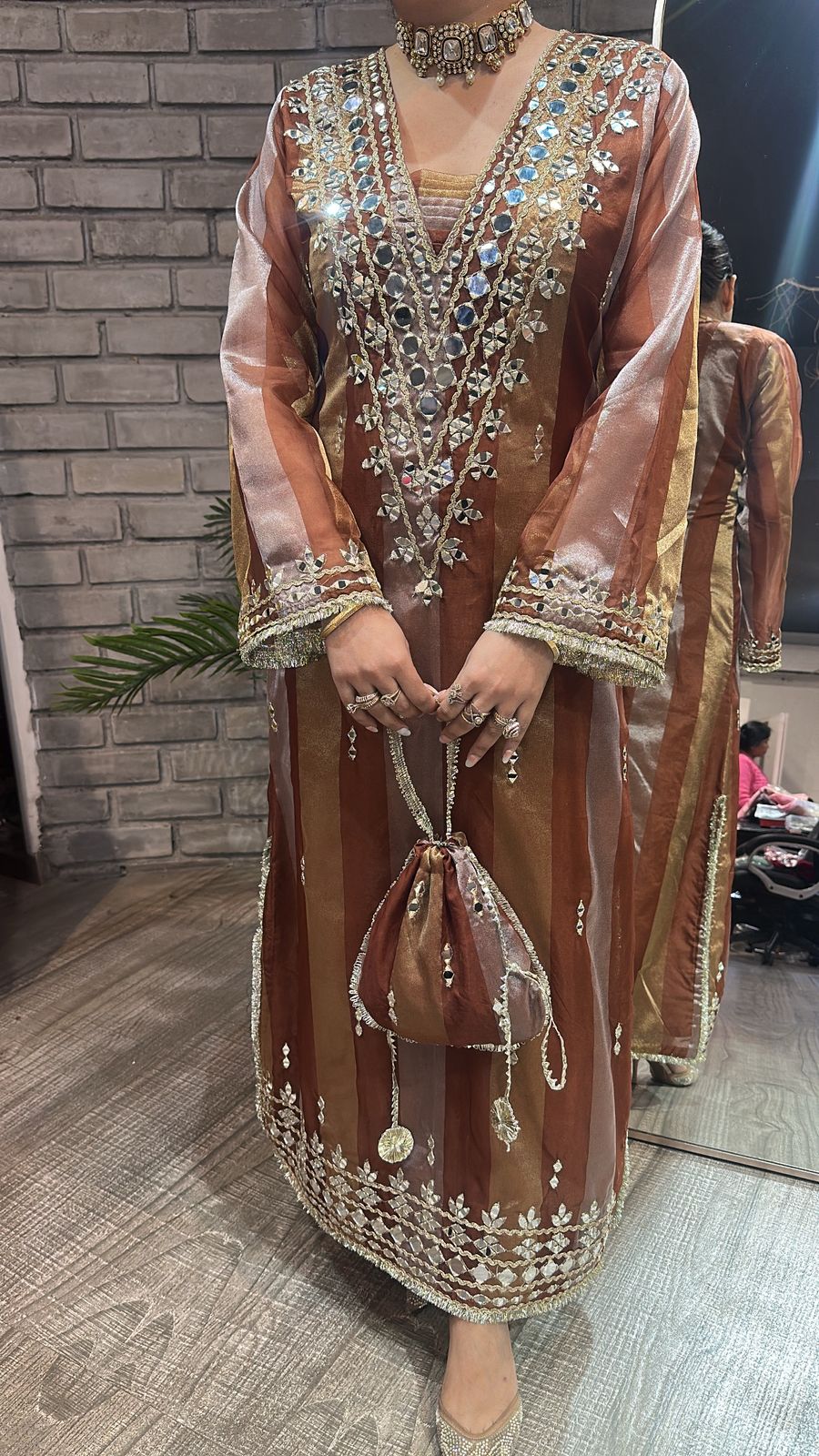 Sonam kapoor Coffee Gold Mirror Dress with Potli