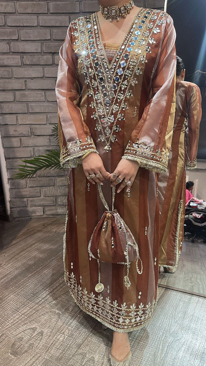 Sonam kapoor Coffee Gold Mirror Dress with Potli