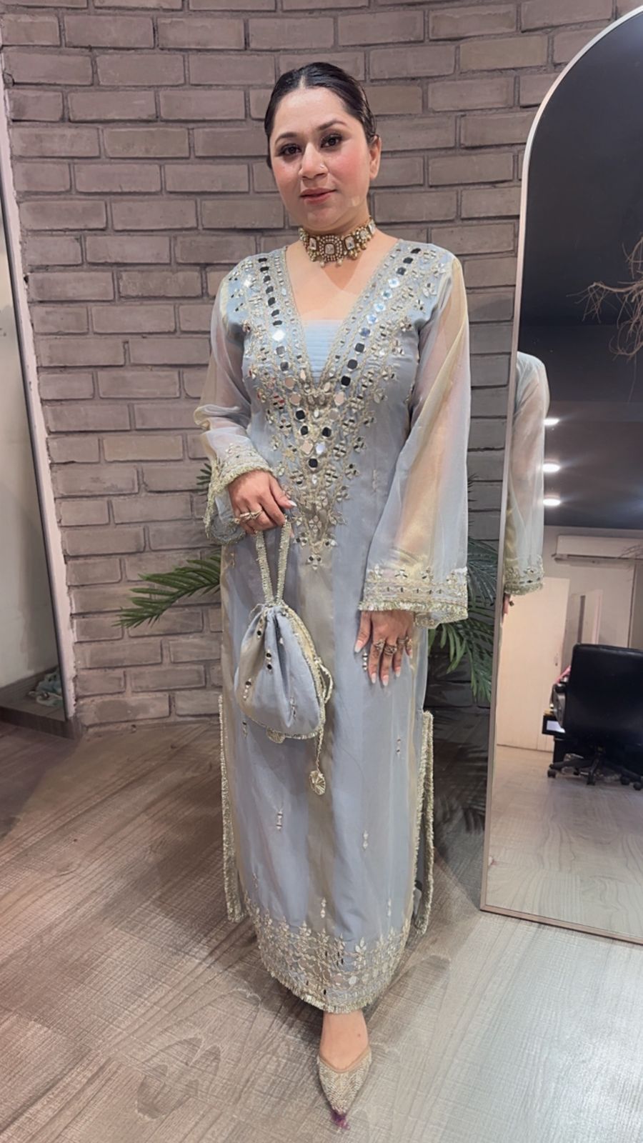 Sonam kapoor Silver Grey Mirror Dress with Potli