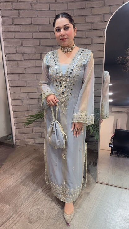 Sonam kapoor Silver Grey Mirror Dress with Potli