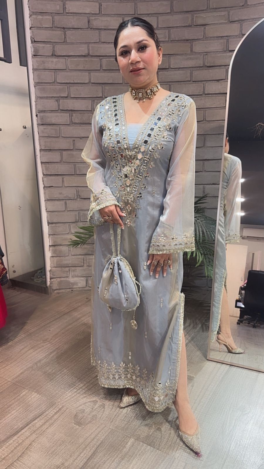 Sonam kapoor Silver Grey Mirror Dress with Potli