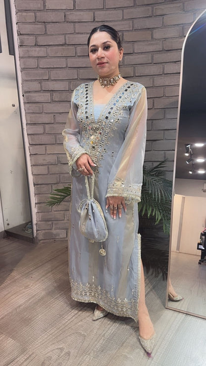 Sonam kapoor Silver Grey Mirror Dress with Potli