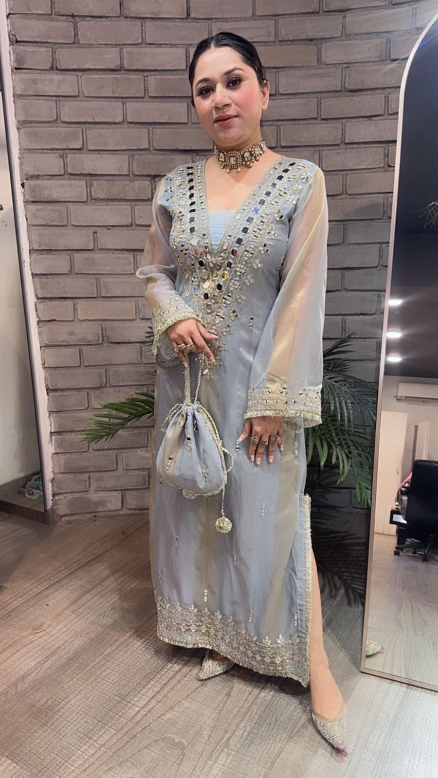 Sonam kapoor Silver Grey Mirror Dress with Potli