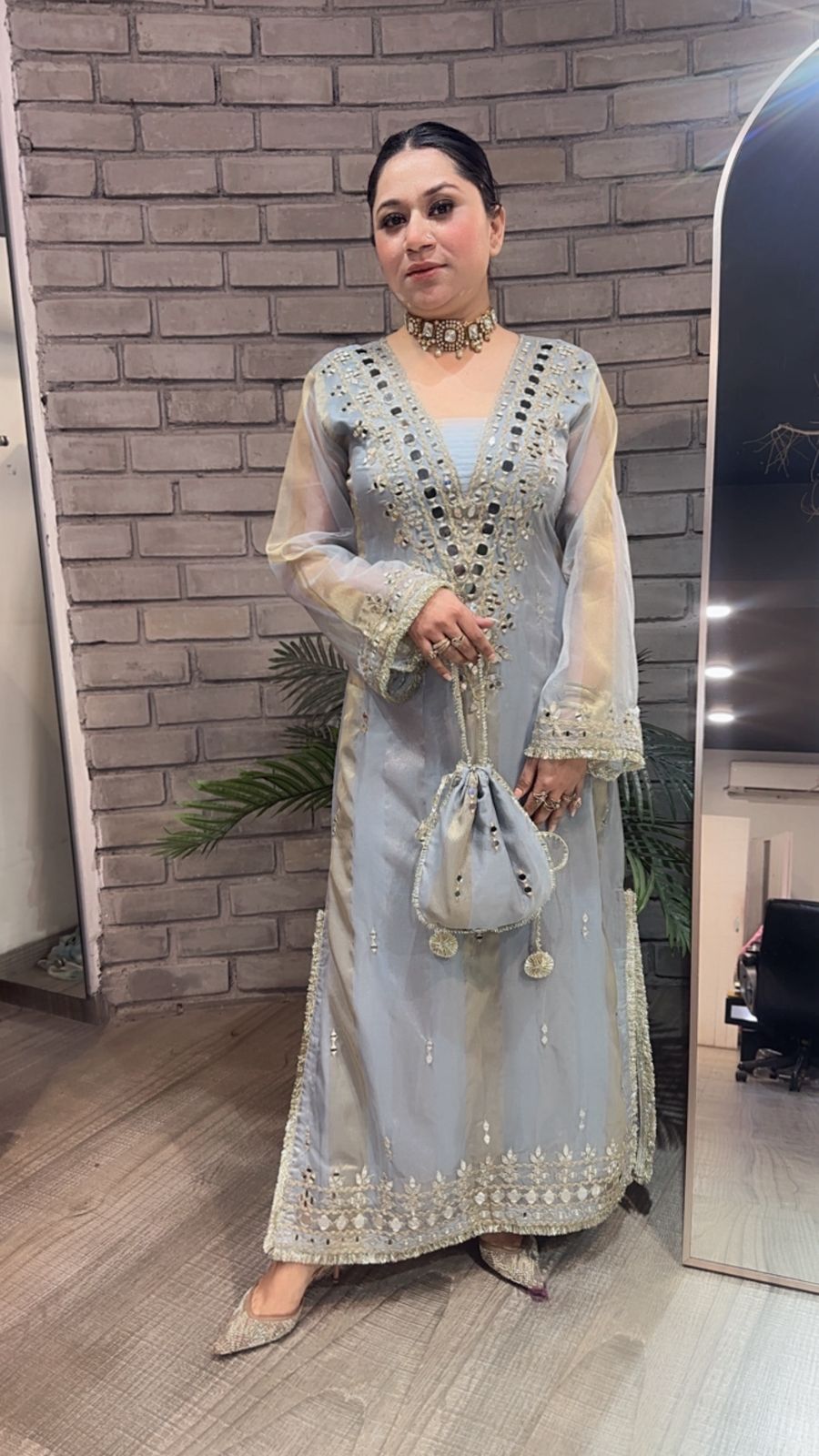 Sonam kapoor Silver Grey Mirror Dress with Potli