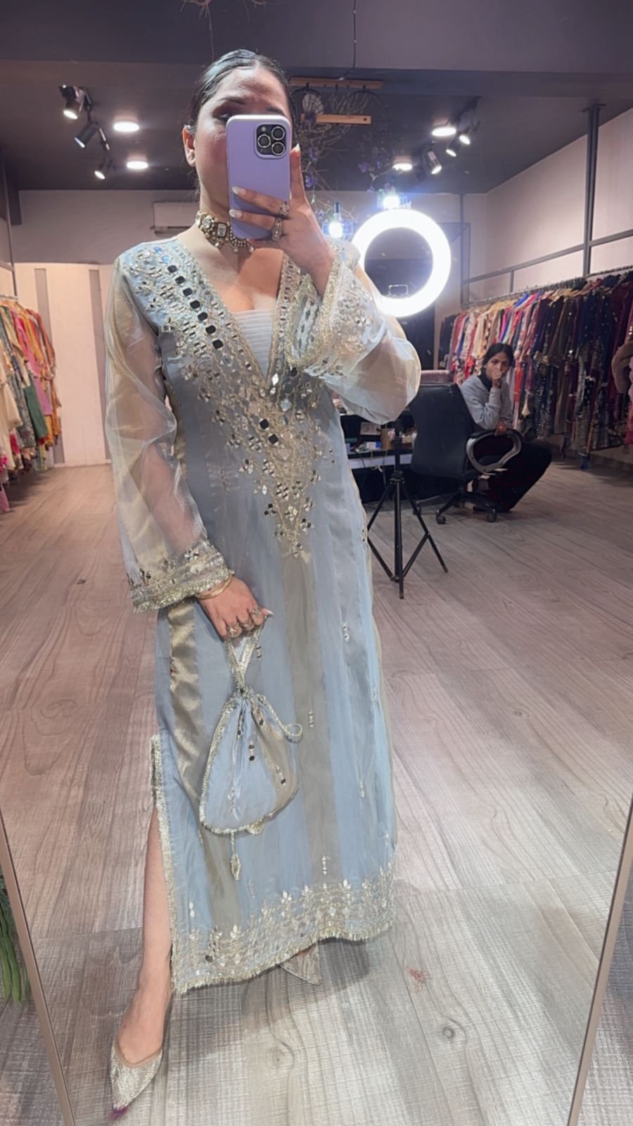 Sonam kapoor Silver Grey Mirror Dress with Potli