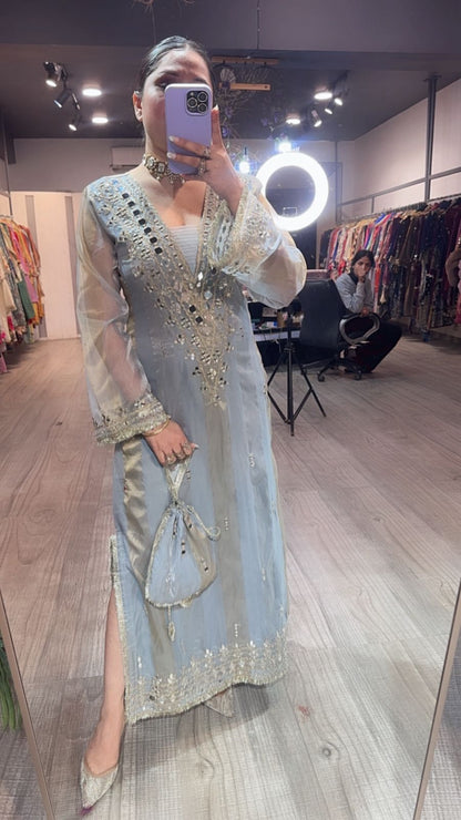 Sonam kapoor Silver Grey Mirror Dress with Potli