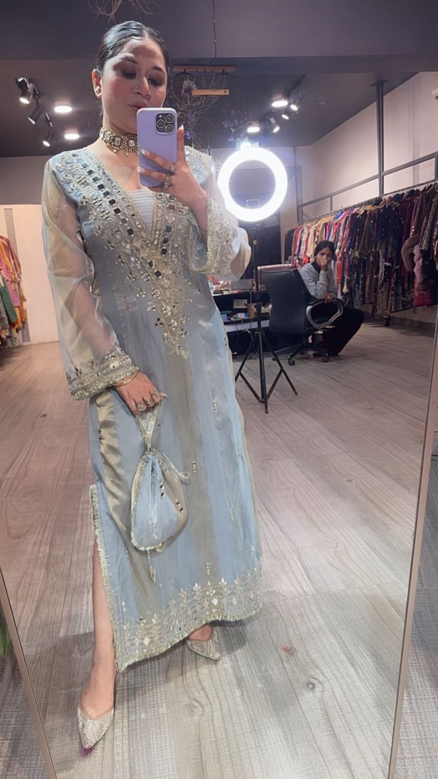 Sonam kapoor Silver Grey Mirror Dress with Potli