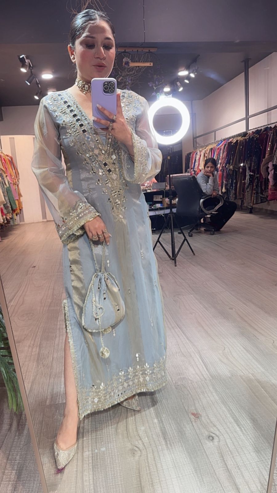 Sonam kapoor Silver Grey Mirror Dress with Potli