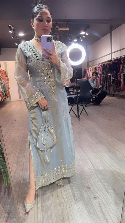 Sonam kapoor Silver Grey Mirror Dress with Potli