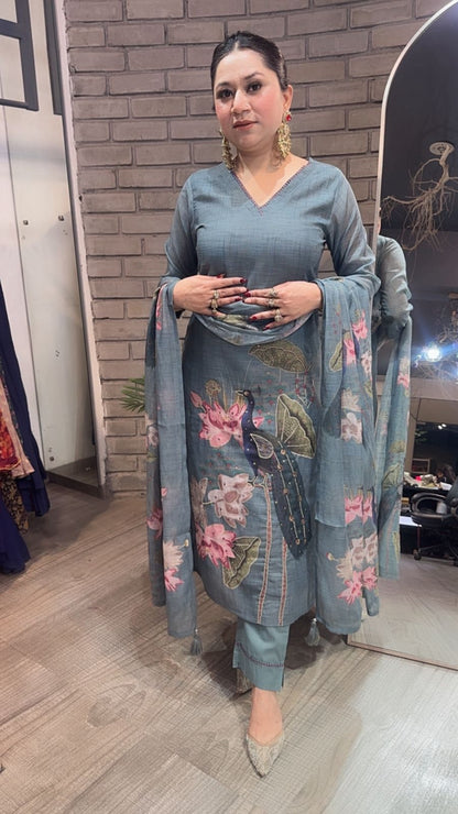 Kangna Teal Blue peacock Cotton Suit