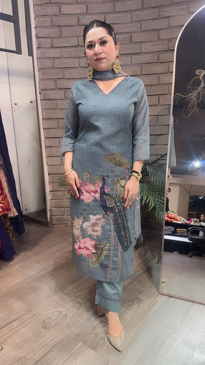 Kangna Teal Blue peacock Cotton Suit