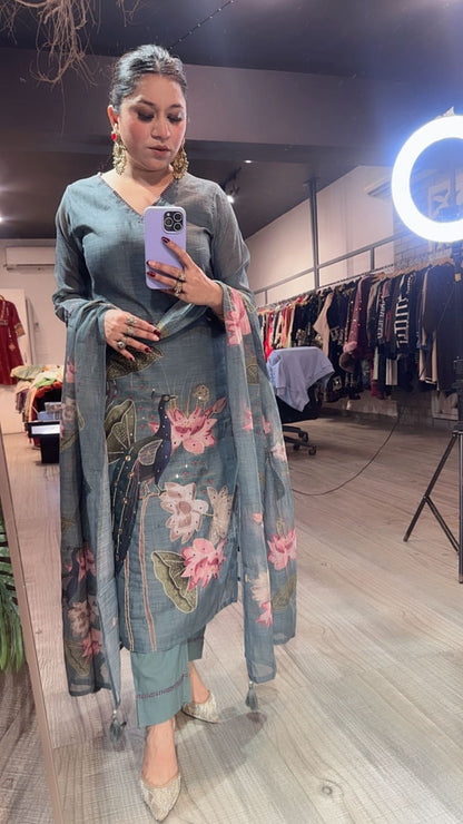 Kangna Teal Blue peacock Cotton Suit