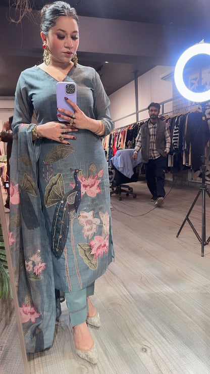 Kangna Teal Blue peacock Cotton Suit