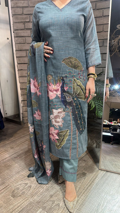 Kangna Teal Blue peacock Cotton Suit