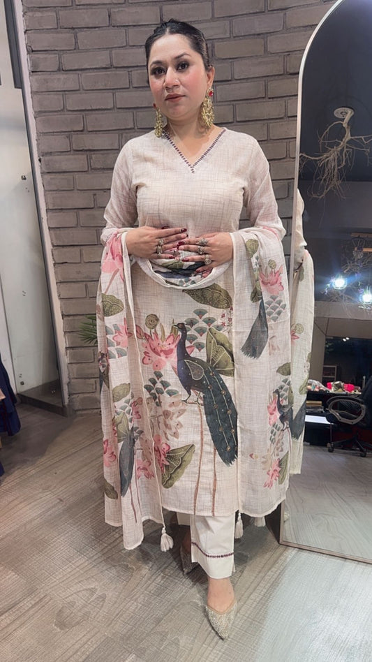 Kangna Ivory peacock Cotton Suit