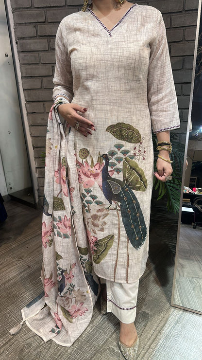 Kangna Ivory peacock Cotton Suit