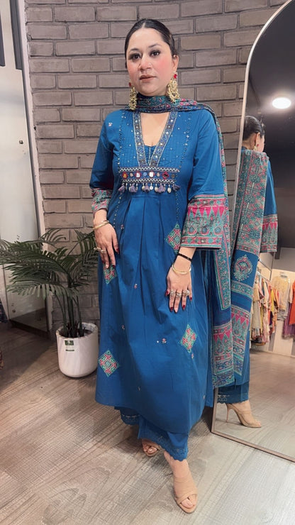 Khalista Teal Blue A-Line Cotton Designer Suit