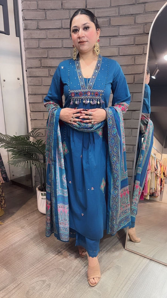 Khalista Teal Blue A-Line Cotton Designer Suit