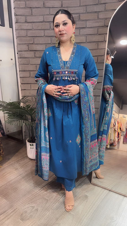 Khalista Teal Blue A-Line Cotton Designer Suit