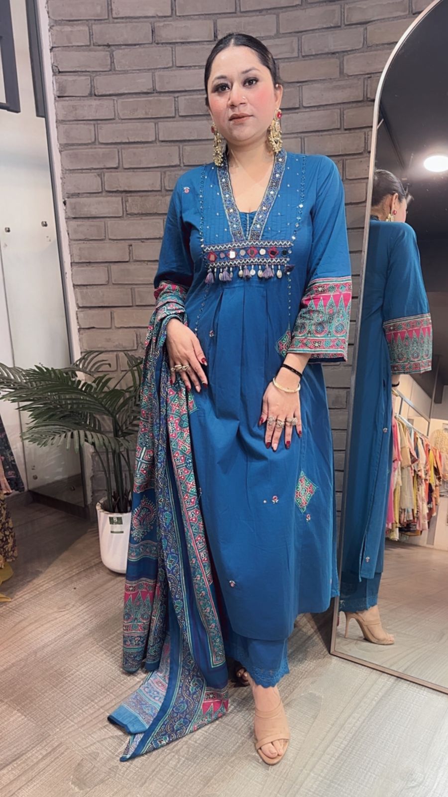 Khalista Teal Blue A-Line Cotton Designer Suit
