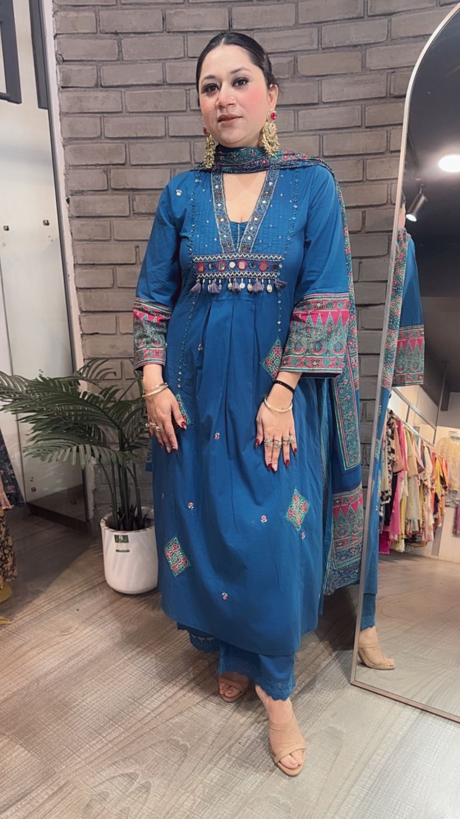 Khalista Teal Blue A-Line Cotton Designer Suit