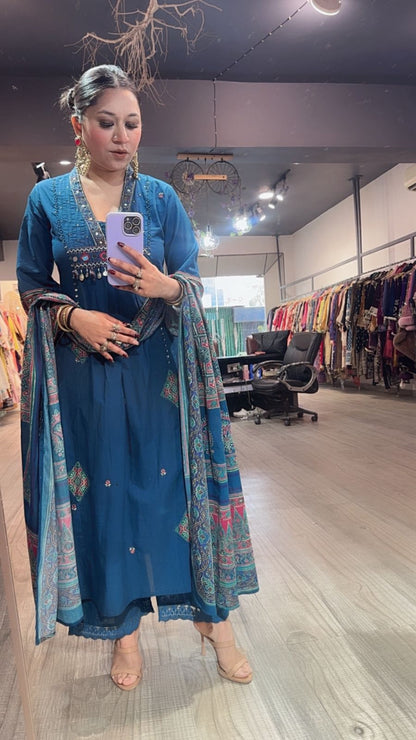 Khalista Teal Blue A-Line Cotton Designer Suit