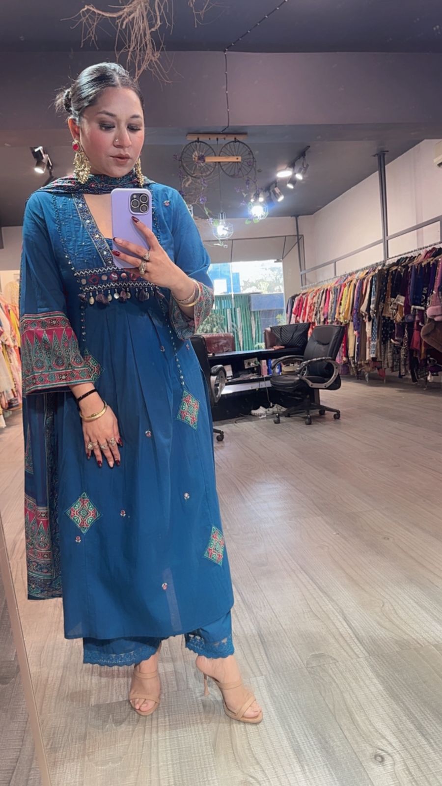 Khalista Teal Blue A-Line Cotton Designer Suit