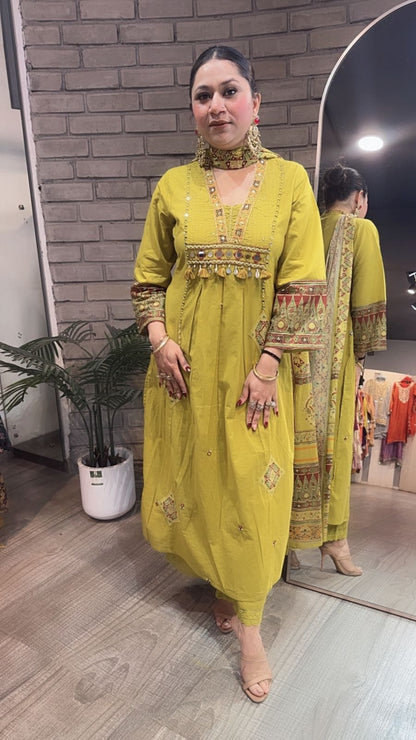 Khalista lime A-Line Cotton Designer Suit