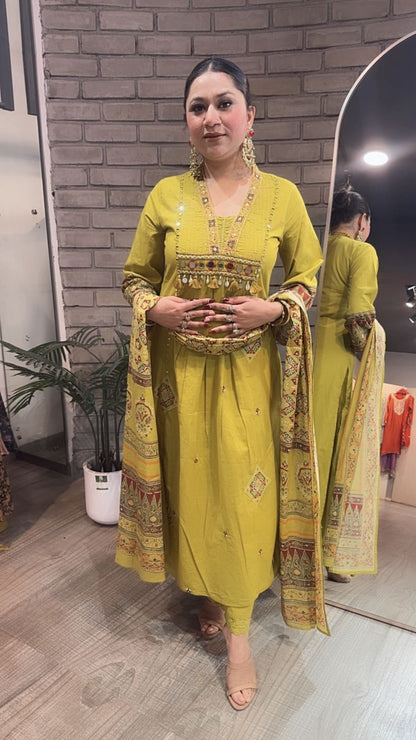 Khalista lime A-Line Cotton Designer Suit