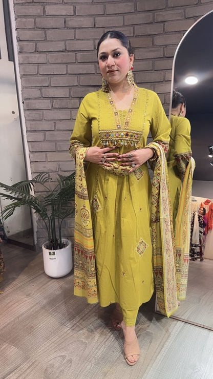 Khalista lime A-Line Cotton Designer Suit