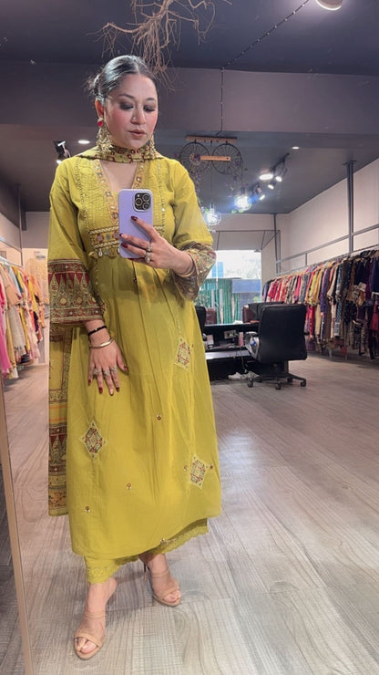 Khalista lime A-Line Cotton Designer Suit