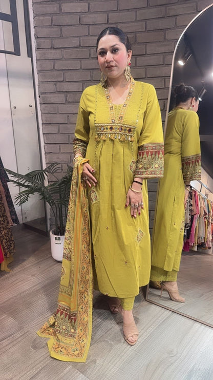 Khalista lime A-Line Cotton Designer Suit