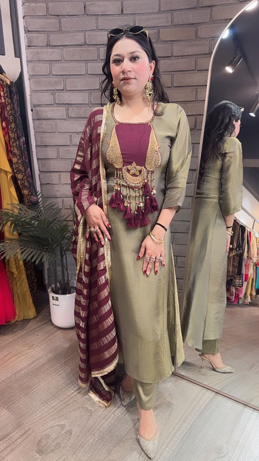 Zari Olive Gold Tassel A-Line Designer Suit