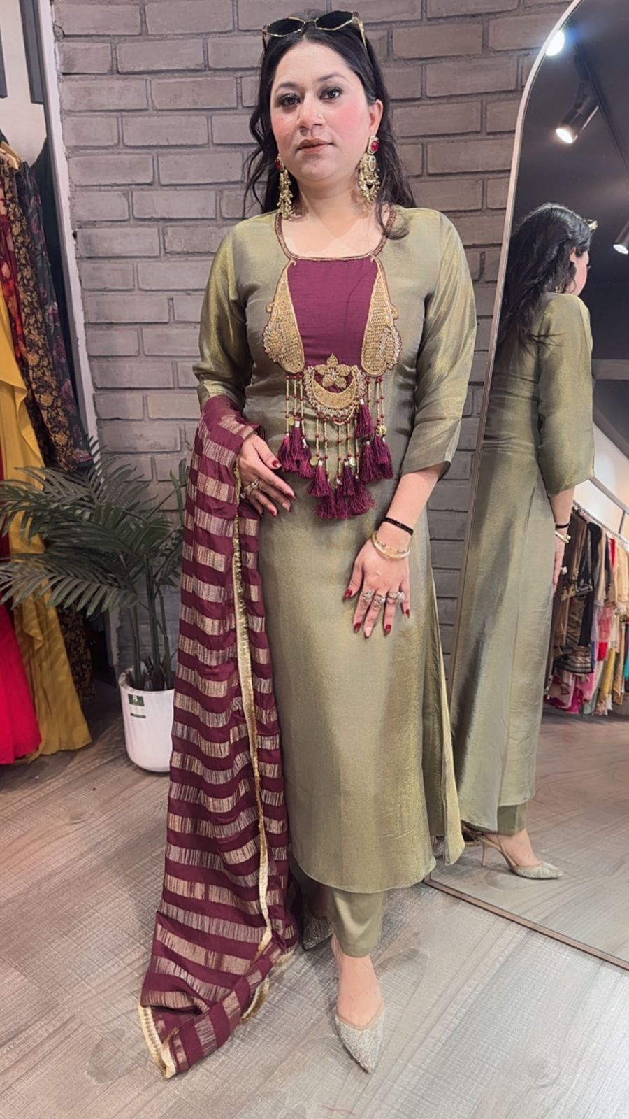 Zari Olive Gold Tassel A-Line Designer Suit