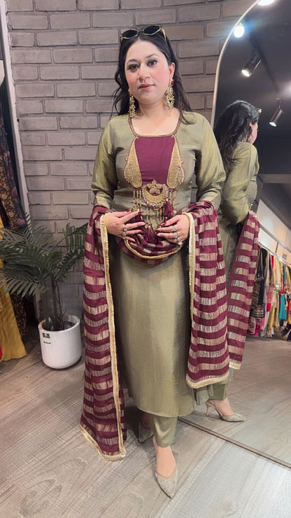Zari Olive Gold Tassel A-Line Designer Suit