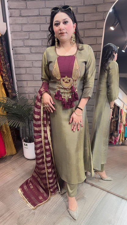 Zari Olive Gold Tassel A-Line Designer Suit