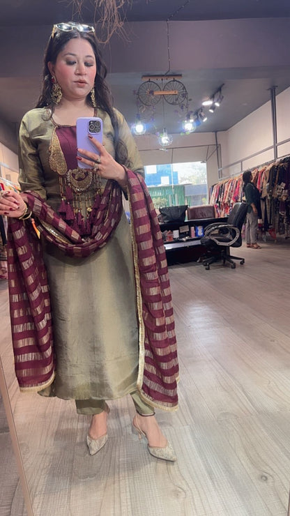 Zari Olive Gold Tassel A-Line Designer Suit