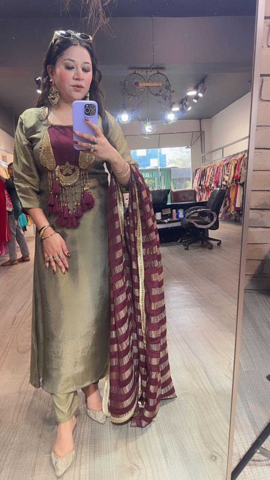 Zari Olive Gold Tassel A-Line Designer Suit