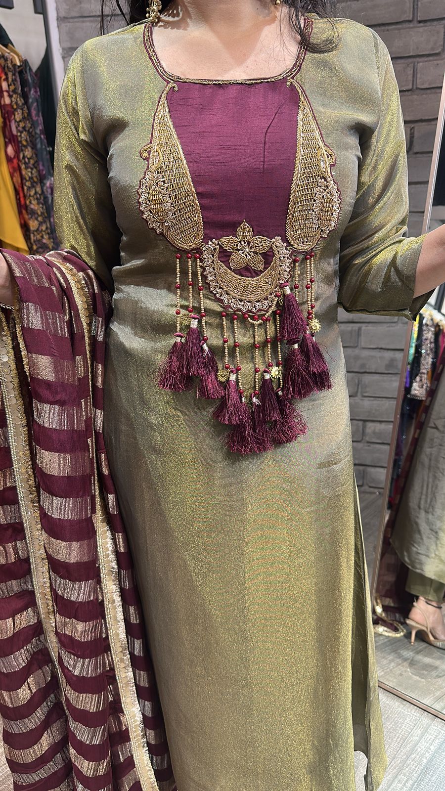 Zari Olive Gold Tassel A-Line Designer Suit