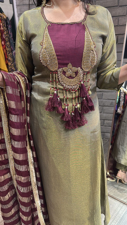 Zari Olive Gold Tassel A-Line Designer Suit