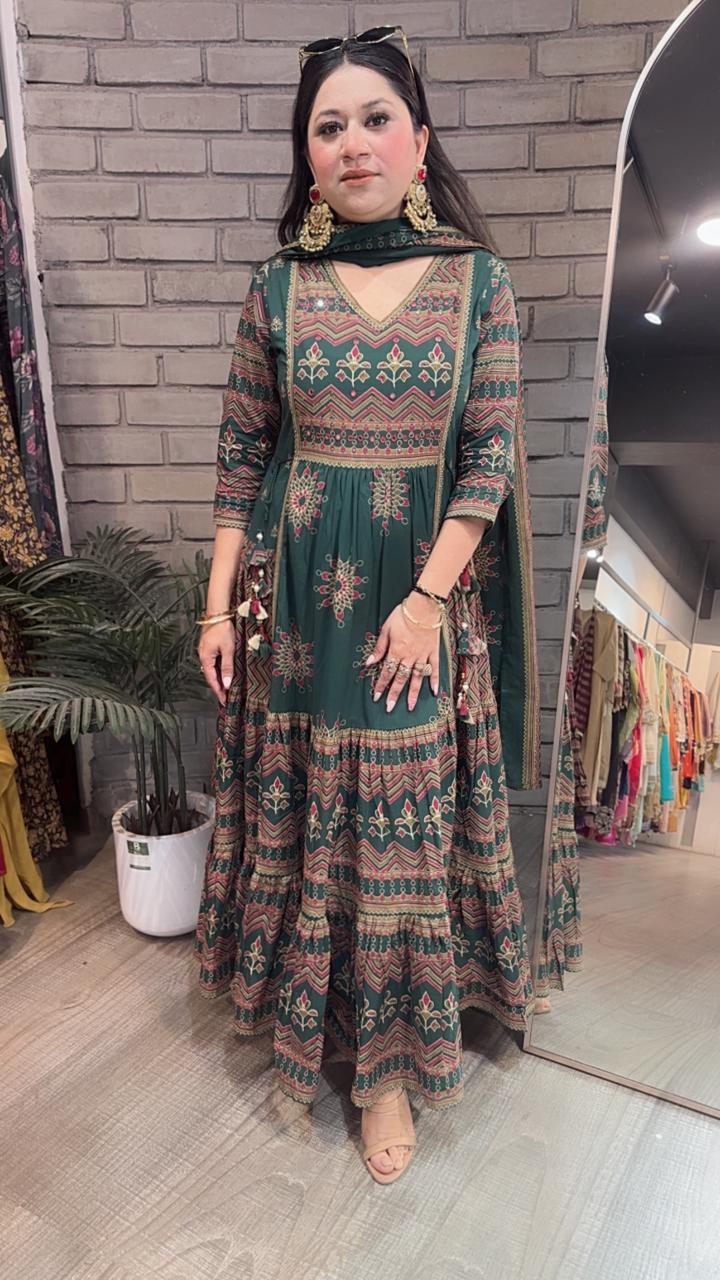 Naaz Bottel Green Designer Anarkali Suit