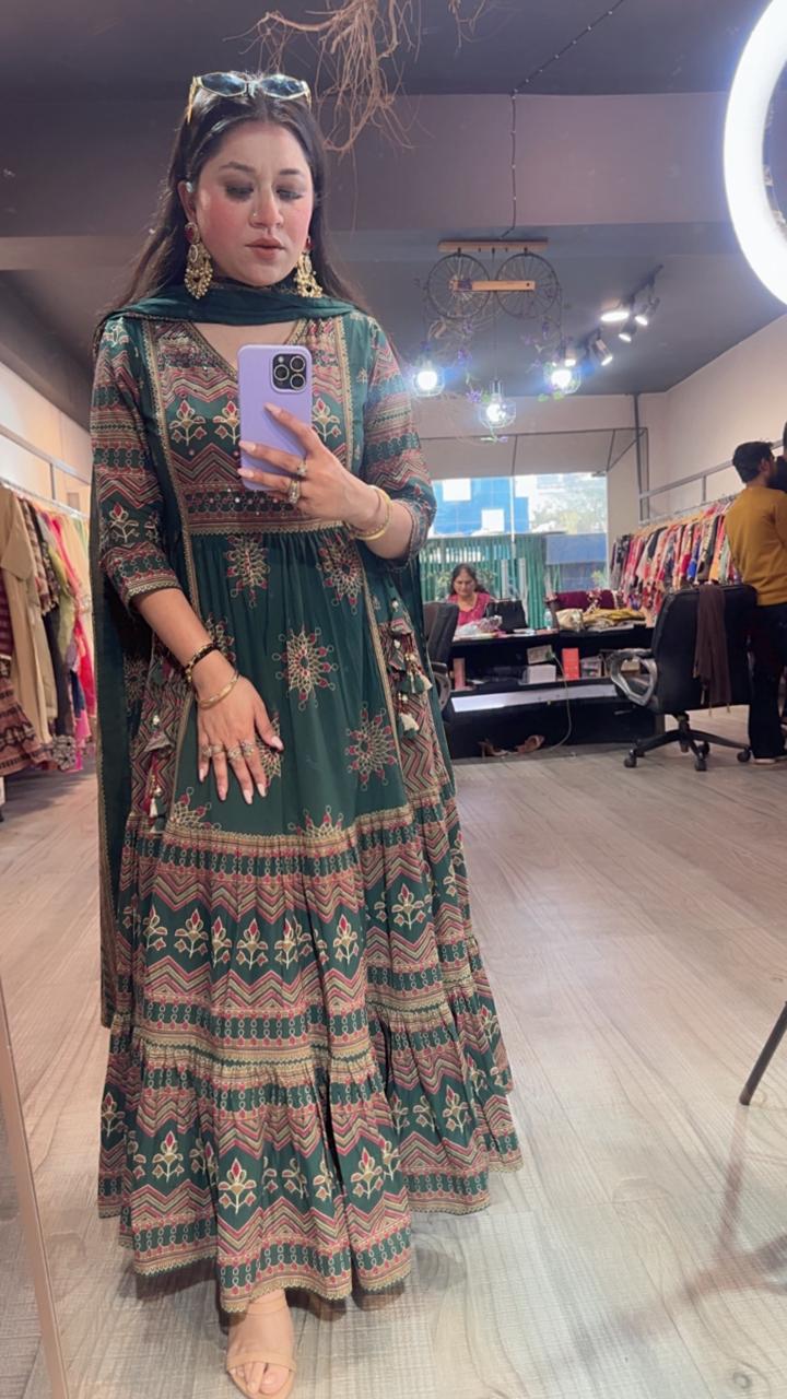 Naaz Bottel Green Designer Anarkali Suit