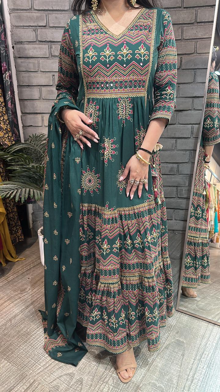 Naaz Bottel Green Designer Anarkali Suit